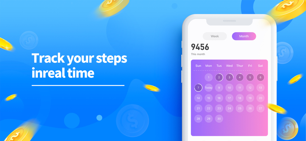Walk Earn: Make Money - Interface of the Walk Earn app showing a monthly step tracking calendar and a real-time step counter.