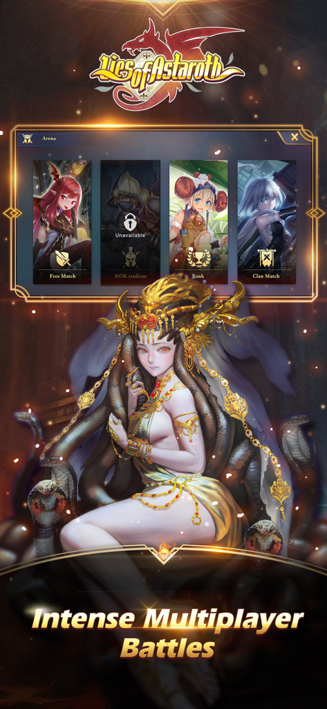 Lies of Astaroth arena menu with options for free match, rank, and clan matches featuring fantasy character art
