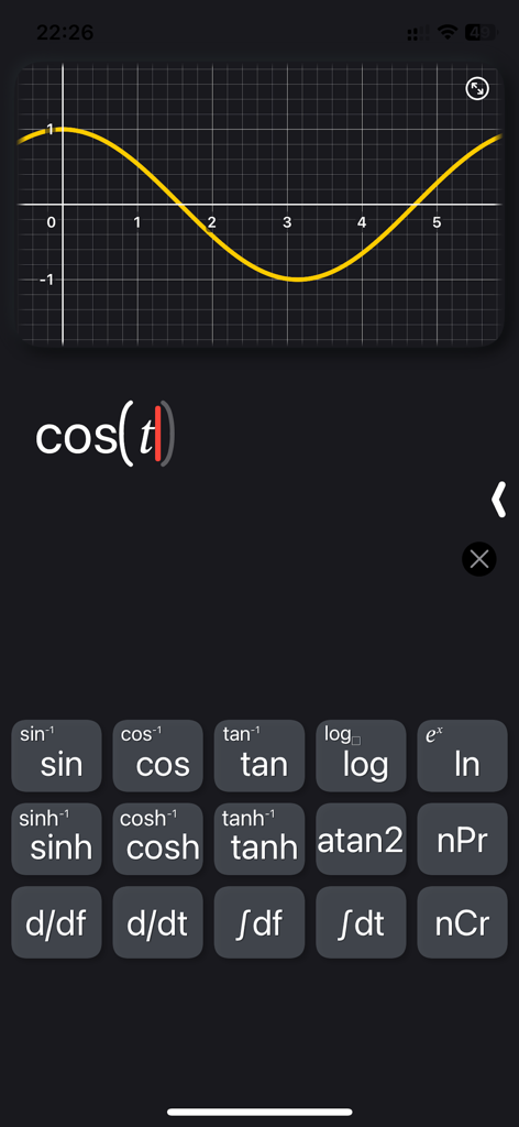 Bode Plot Calculator app interface showing a cosine function graph and math keypad