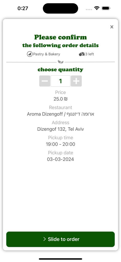 Order confirmation screen in the SpareEat app for a surprise food bag showing restaurant details and a slide to order button.