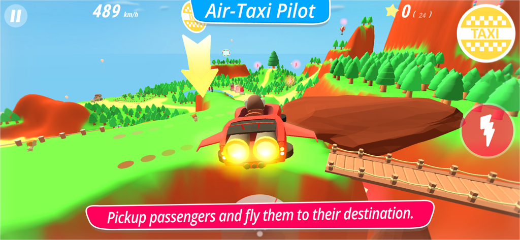 McPanda: Super Pilot Kids Game - A red airplane flying over green islands in the McPanda Super Pilot air-taxi mission.