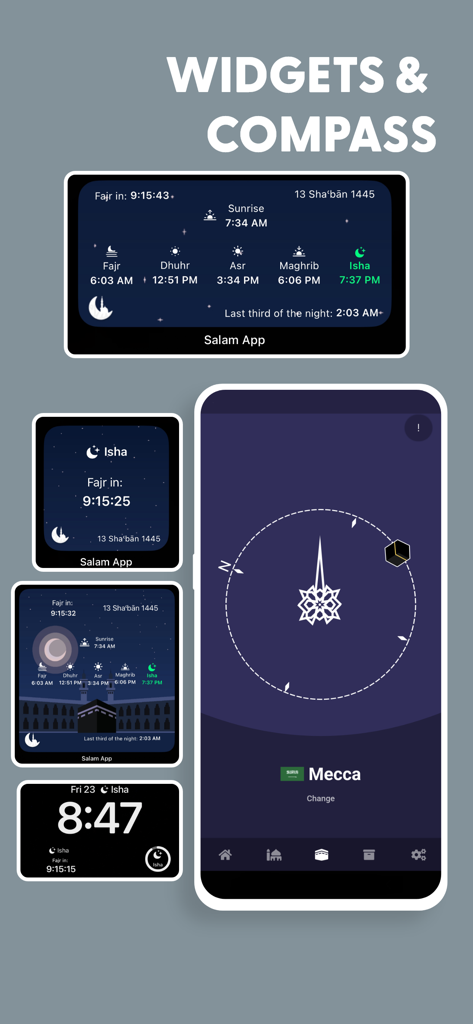 Salam App interface displaying various prayer time widgets and a Qibla compass pointing towards Mecca