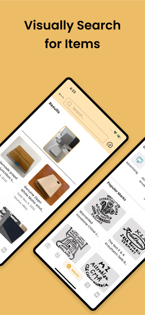 WorthPoint app interface showing visual search results for antiques and historical makers marks