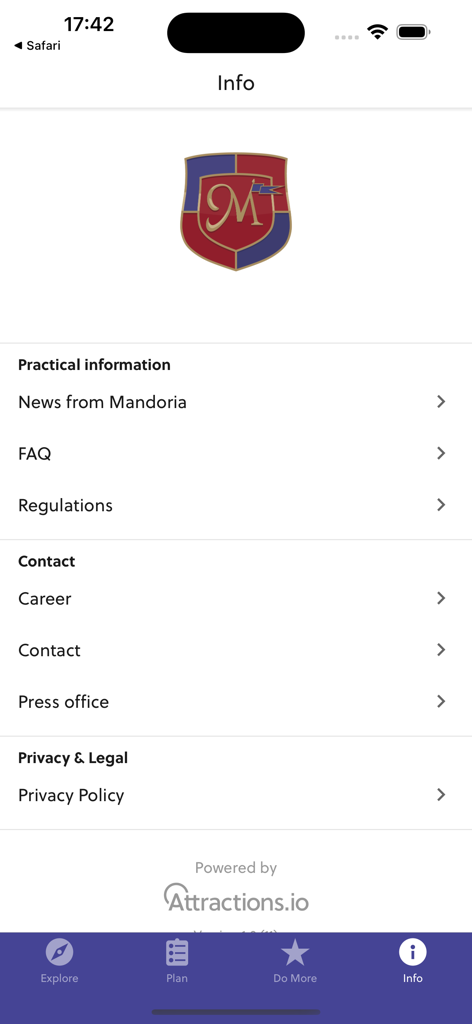 Mandoria - Mandoria mobile app info screen showing sections for practical information, contact details, and privacy policy