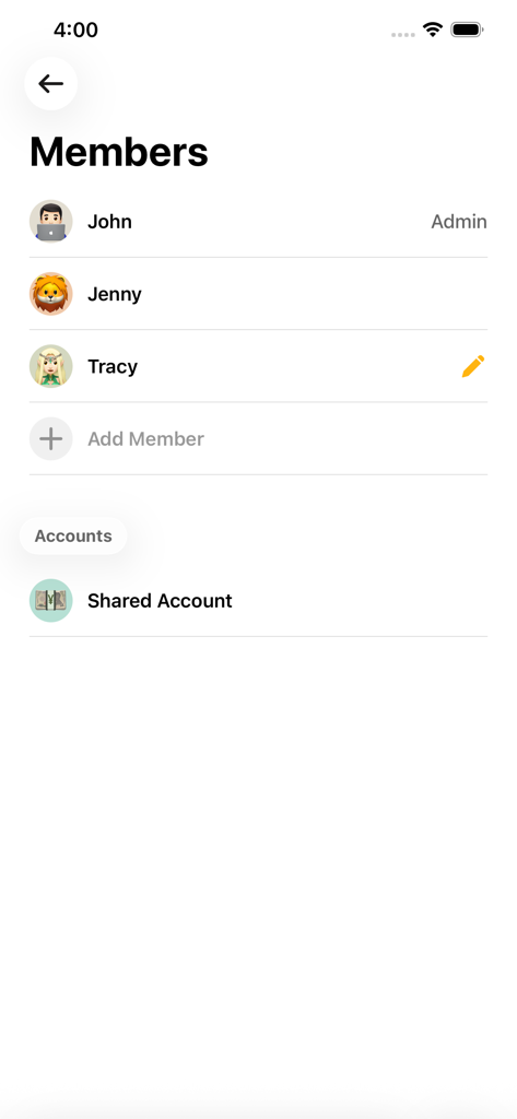 Interface showing a list of group members and shared account settings in the Bill Bear app