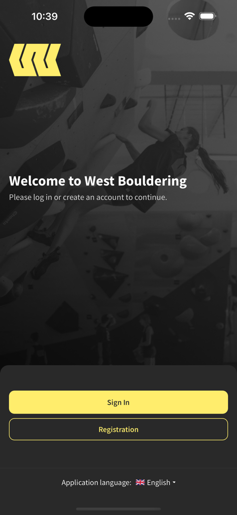 West Bouldering - Tela de boas-vindas do aplicativo West Bouldering com botões de login e registro sobre um fundo de escalada