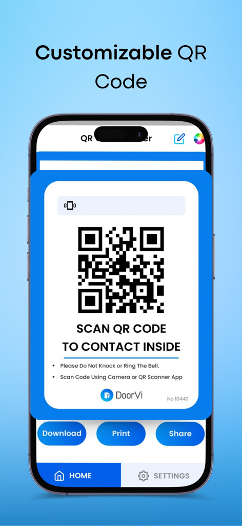 DoorVi - Door Video Intercom - DoorVi app interface showing a customizable QR code for a video intercom system
