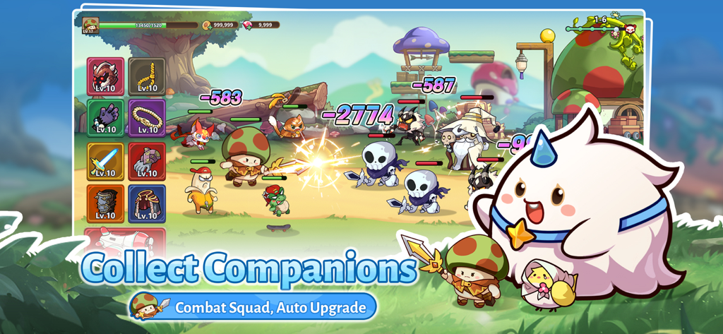 Legend of Mushroom - Una escena de batalla de Legend of Mushroom mostrando adorables compañeros y un guerrero seta luchando contra enemigos