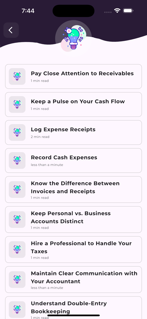 A menu screen showing a list of accounting tips and tricks such as cash flow management and bookkeeping basics