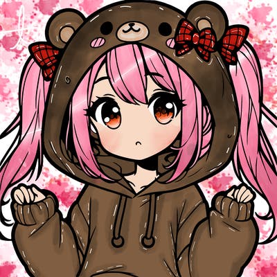cute anime girl with ponytails and a cute bear hoodie