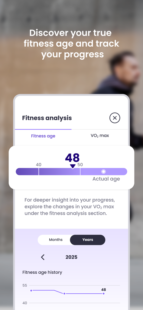 MIA Health - MIA Health app interface showing a fitness age analysis score and progress history chart