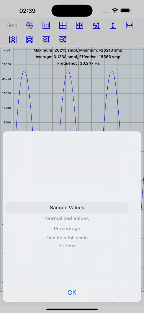Mobile Oscilloscope - 모바일 오실로스코프 앱 화면에 파란색 파형과 신호 측정 옵션이 표시됩니다.