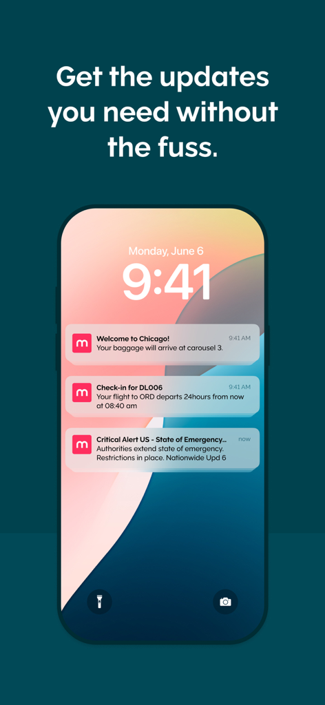 Ein Smartphone-Sperrbildschirm mit Melon-App-Benachrichtigungen für Gepäckeankunft, Flug-Check-in und Notfallwarnungen für Geschäftsreisende.