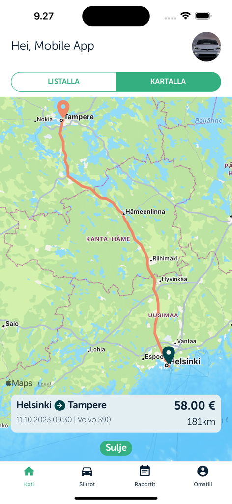 Aplicación RR Hub mostrando una ruta de Helsinki a Tampere con precio y distancia
