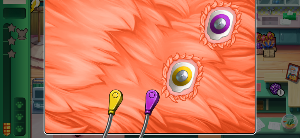Dr. Cares - Amy's Pet Clinic - A veterinary diagnostic mini-game in Dr. Cares Amy's Pet Clinic showing medical sensors on orange animal fur.
