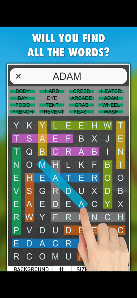 発見された単語にカラフルなハイライトが付いたモバイルデバイスで単語検索パズルをプレイしている人。