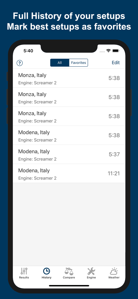Jetting IAME KZ1 / KZ2 Kart - Tela de histórico do aplicativo de ajuste de carburador de kart mostrando configurações anteriores do motor e locais de pista