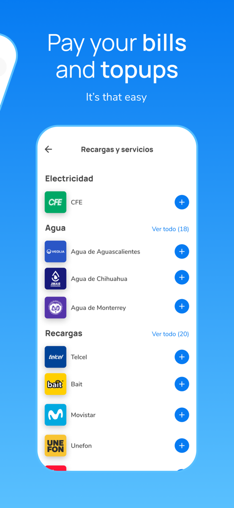 Nelo app interface showing options to pay electricity, water, and phone bills in Mexico