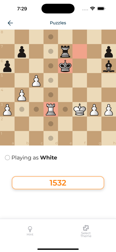 ChessMind AI - ChessMind AI app interface showing a chess puzzle with a game board and a rating of 1532
