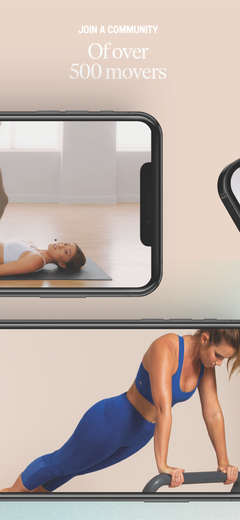 App de fitness CorePlus Connected mostrando entrenamientos de pilates y yoga en smartphones con texto sobre crecimiento de la comunidad