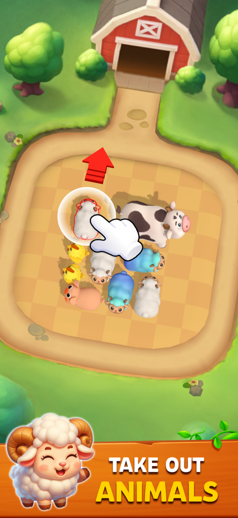 Una captura de pantalla de un juego casual de puzzles en 3D que muestra una mano seleccionando una oveja para escapar de un área de granja abarrotada hacia un granero rojo.