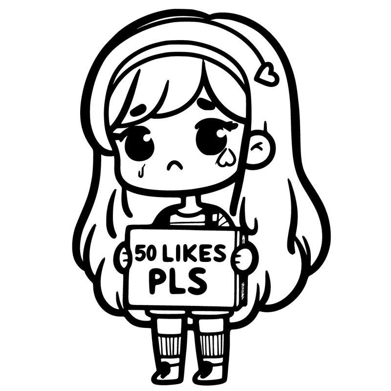 sad girl holding up sign says '50 likes pls'