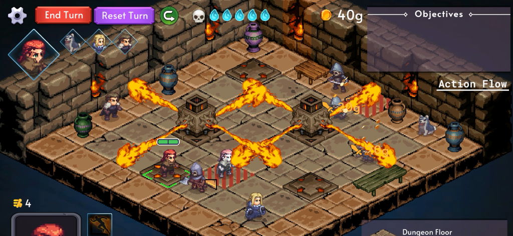 Tyrant's Blessing - Gameplay screenshot of Tyrants Blessing showing a tactical turn-based battle with pixel art characters and fire traps on an isometric grid