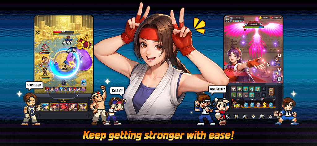 THE KING OF FIGHTERS AFK - Gráfico promocional de THE KING OF FIGHTERS AFK que muestra batallas retro de pixel art y fácil progresión de personajes