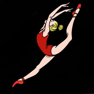 gymnast doing a leap in a leotard with a bent back leg