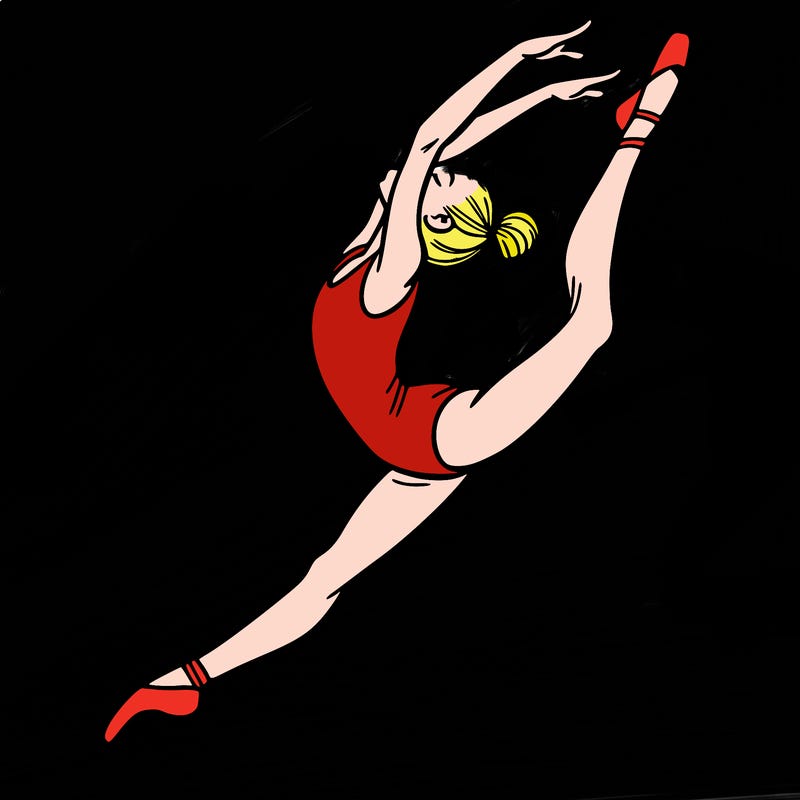 gymnast doing a leap in a leotard with a bent back leg