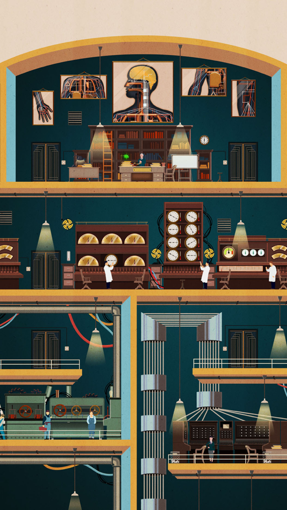 Homo Machina - A cross-section of a 1920s style industrial factory representing the internal human body in the game Homo Machina