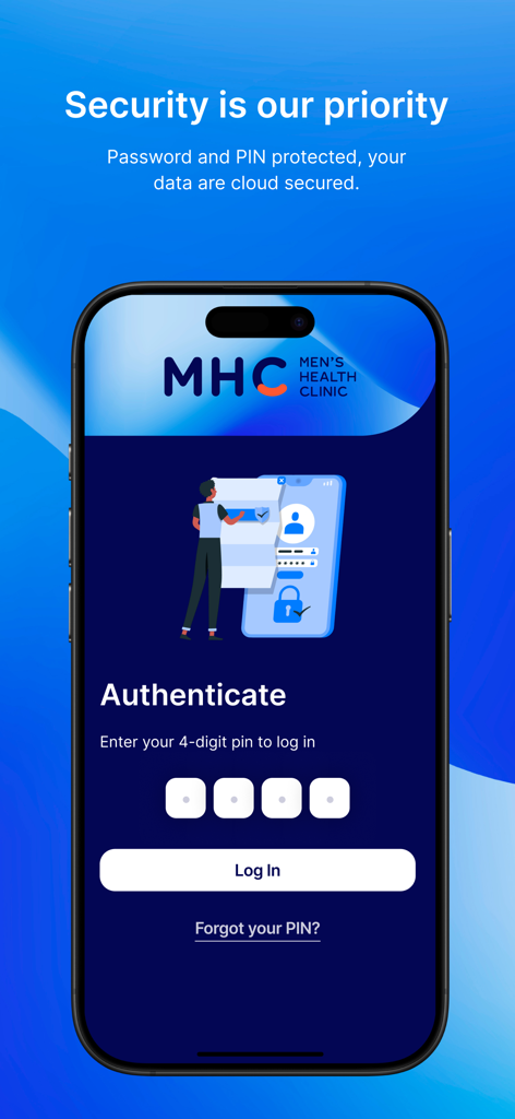 Pantalla de inicio de sesión segura de la aplicación Mens Health Clinic con autenticación por PIN y protección de datos.