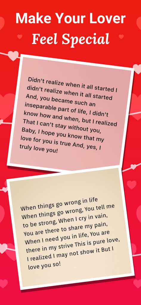 App interface showcasing romantic love letters and poems with heart decorations.