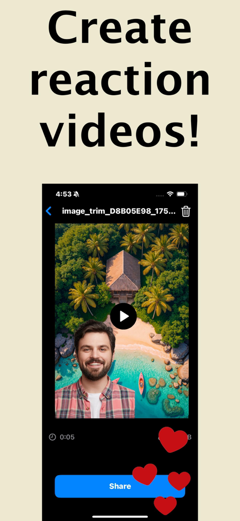 Screenshot of the Reaction Video Maker app showing a face camera overlay on a video of a tropical island resort