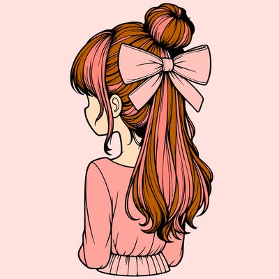 realistic girl  with hip length hair a bun and a big bow on the back of head