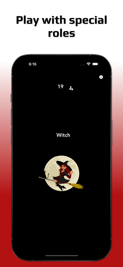 The Wolf: Party Game - In-game screen of The Wolf Party Game featuring the special Witch role character illustration.