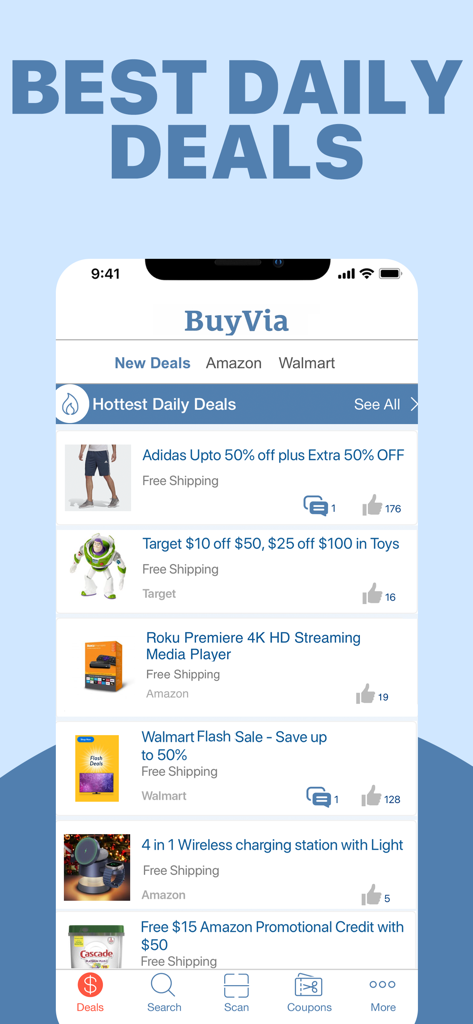 QR Code Reader Barcode - Captura de pantalla de la aplicación BuyVia que muestra una lista de las ofertas diarias más populares y descuentos de los principales minoristas