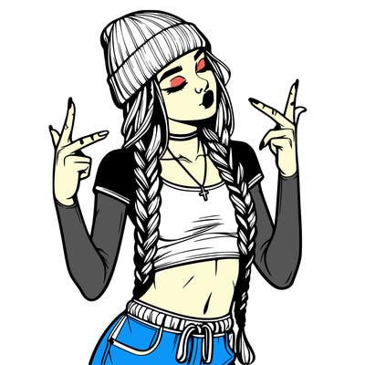 realistic teenage girl with braids and a beanie and crop top doing 🫶🏼