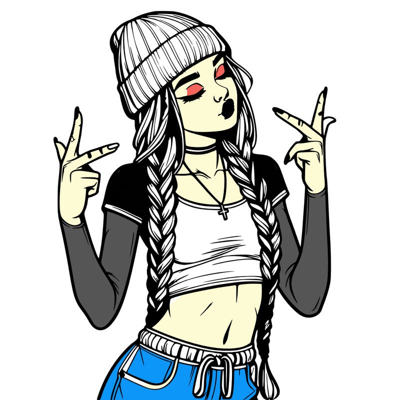 realistic teenage girl with braids and a beanie and crop top doing 🫶🏼