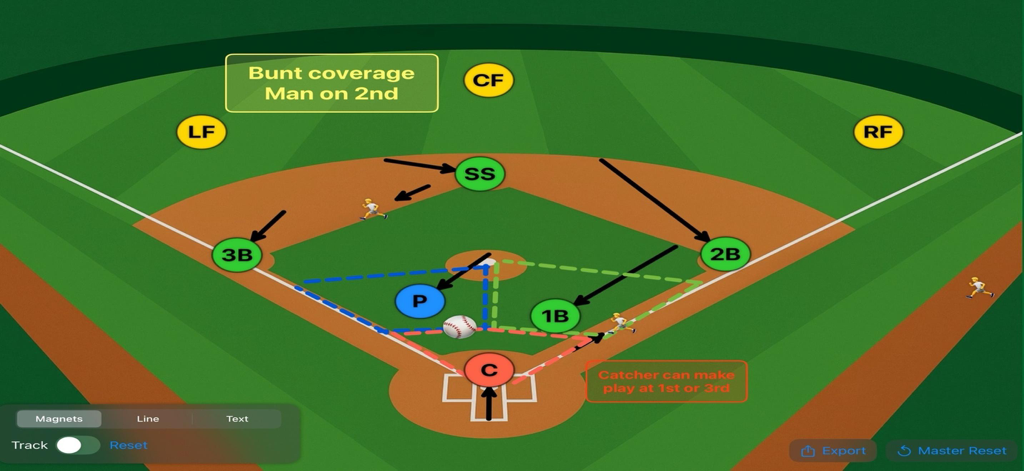 Baseball Board - バントカバーのための選手の位置と動きを示すデジタル野球戦略ボード。