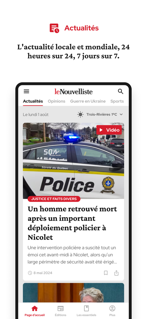 Le Nouvelliste - Smartphone screen showing the news interface of Le Nouvelliste app with local headlines and community news