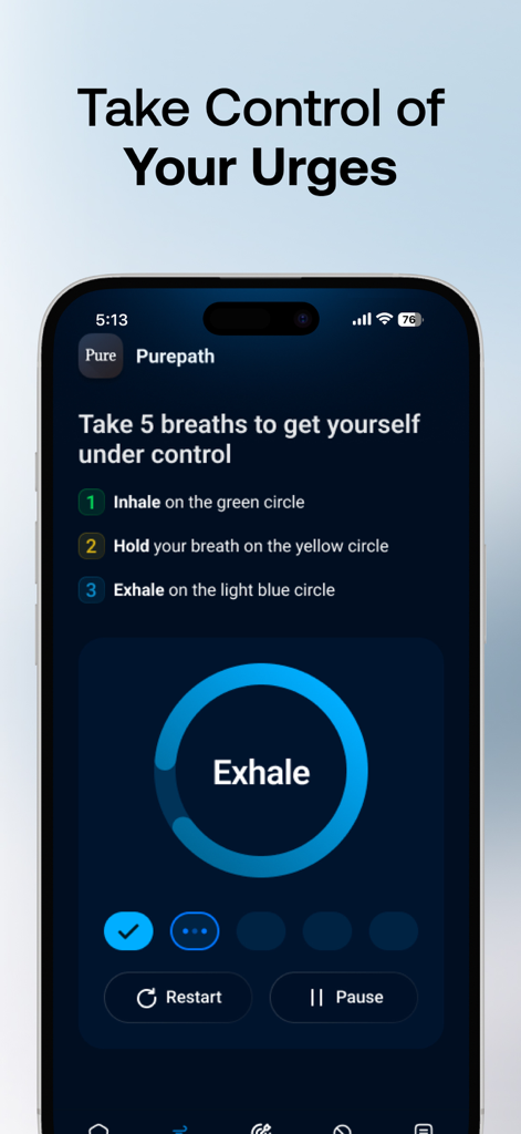 Purepath - Quit Porn Now - Purepath App geführte Atemübungsoberfläche zur Bewältigung von Trieben