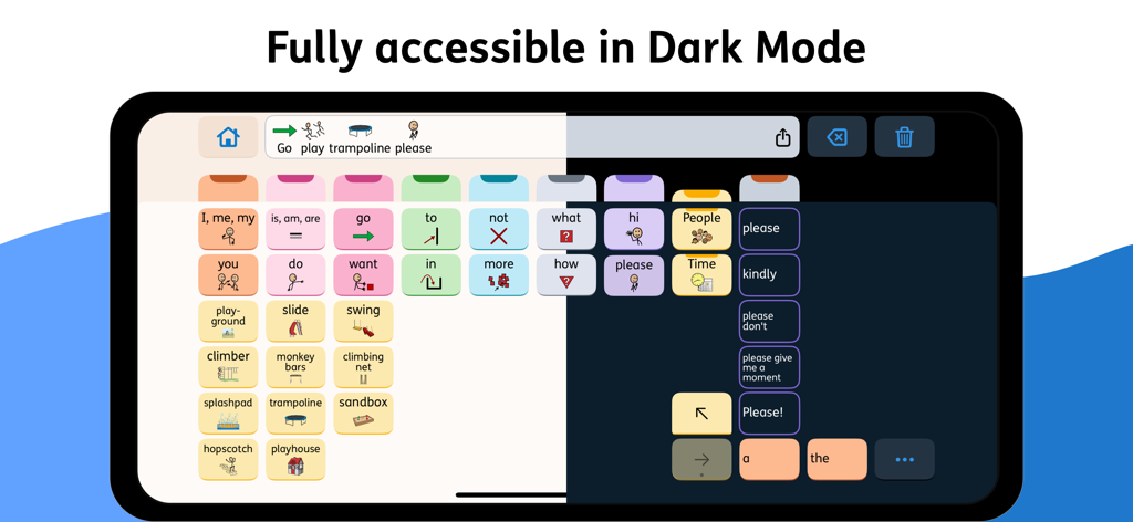 Proloquo - Proloquo AACアプリのインターフェース。アクセシビリティのためにライトモードとダークモードの両方で表示されています。
