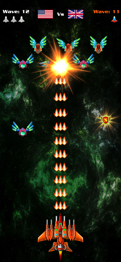Spaceship fighting alien swarms in Galaxy Attack Alien Shooter multiplayer mode.