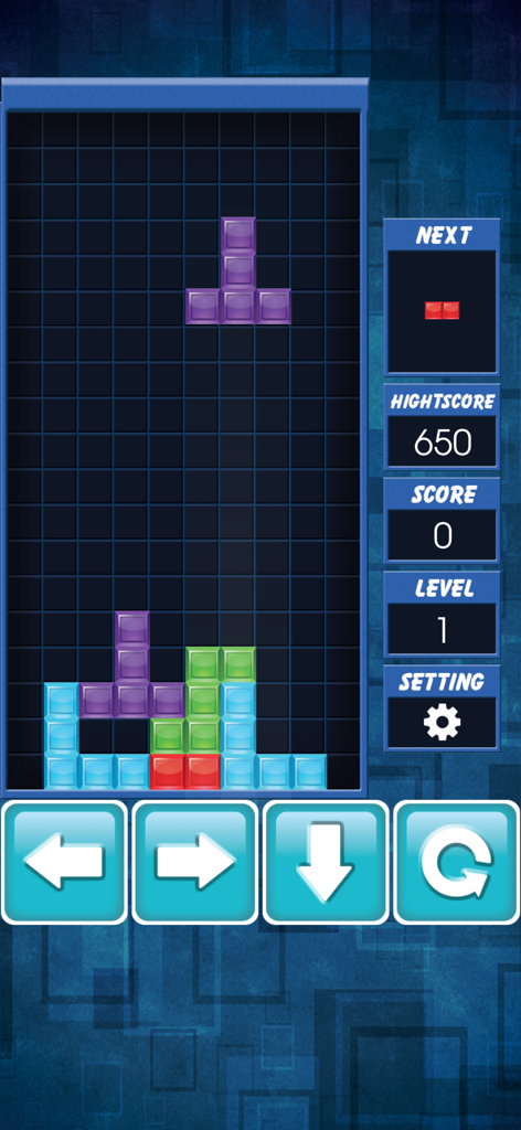 Gameplay screen of Fun Games Classic Block Puzzle showing falling blocks and game statistics