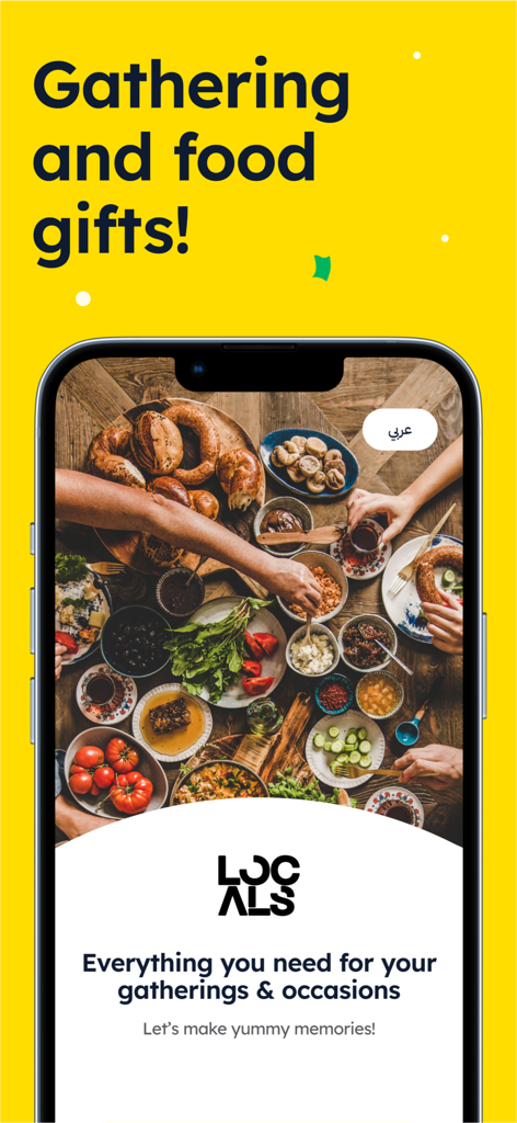 LOCALS: Food & Gifts - A smartphone displaying the LOCALS app home screen with a photo of a shared meal and the headline Gathering and food gifts.