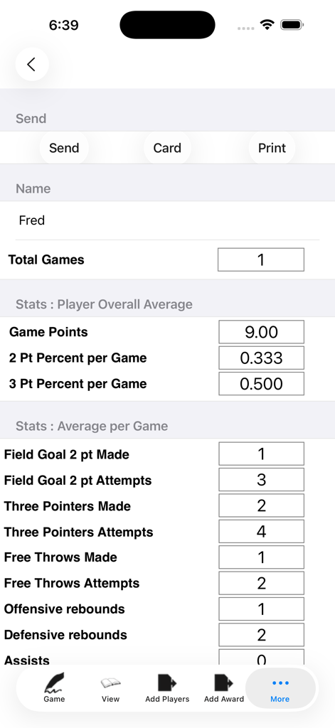 Individual player stats report showing shooting percentages rebounds and assists for basketball game tracking