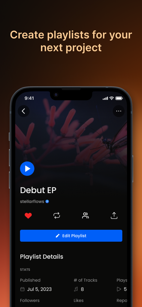BeatStars mobile app interface showing a music project playlist called Debut EP.
