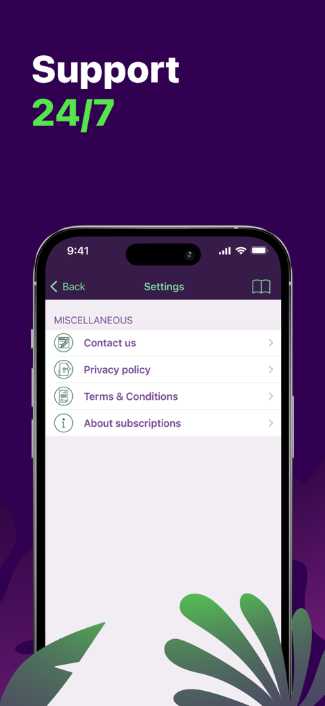 TOR Web Browser Dark Onion - Pantalla de iPhone mostrando el mensaje de Soporte 24/7 y el menú de configuración para la aplicación TOR Web Browser Dark Onion, incluyendo enlaces para contacto y política de privacidad.