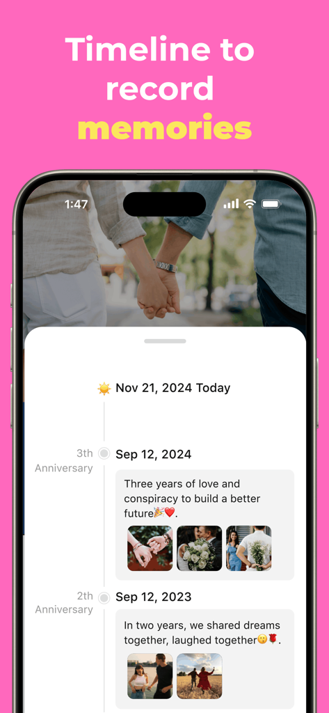 Countdown - Countdown Widget - Mobile app screenshot showing a timeline of recorded memories with photos and anniversary milestones